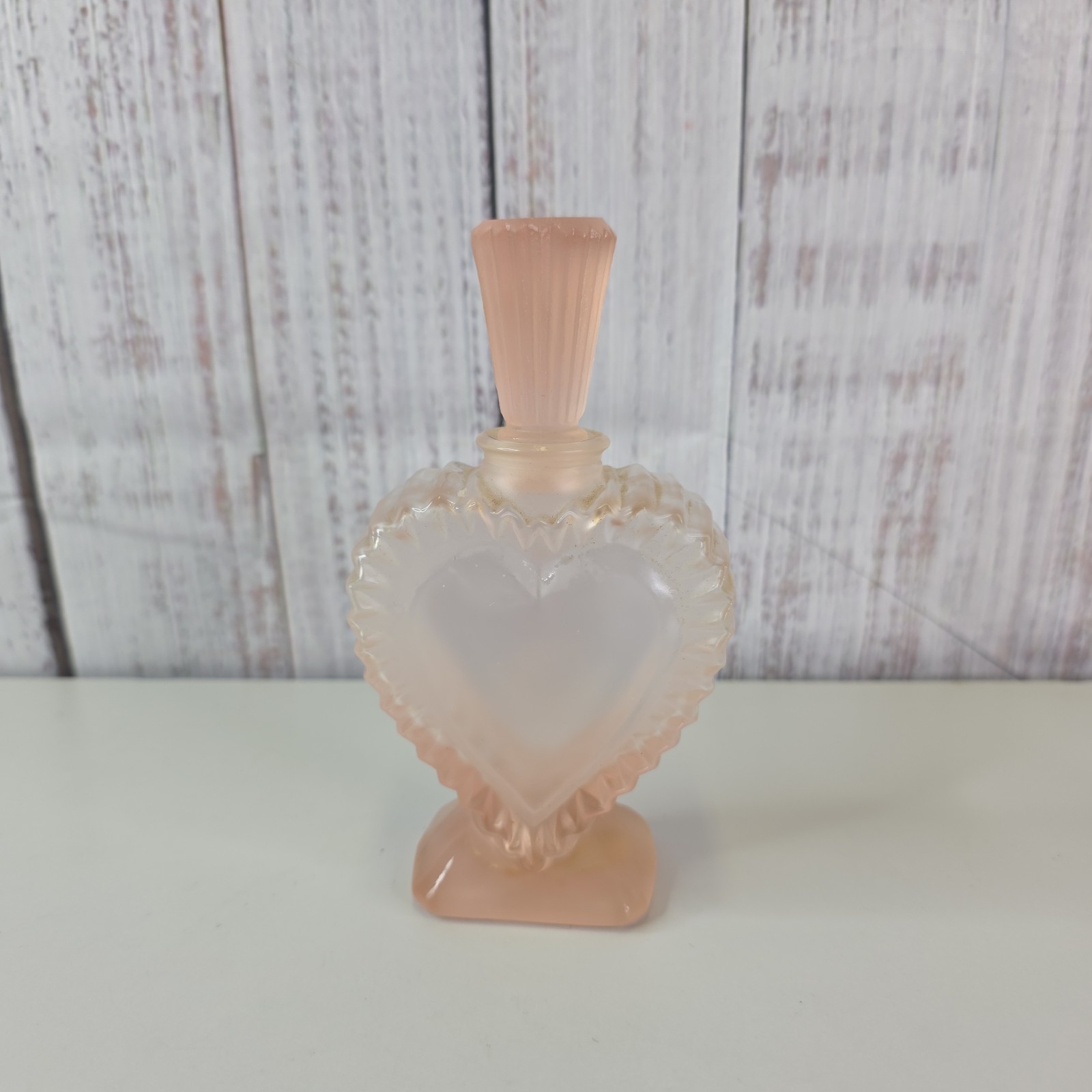 Teleflora Pink Satin Glass Heart Shaped Perfume Bottle with Stopper 6 in Vintage