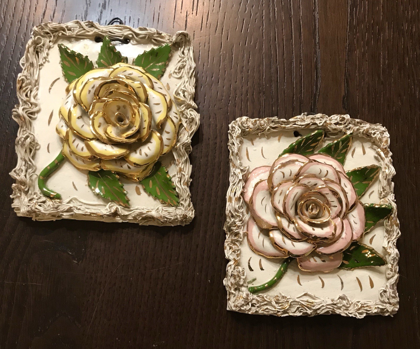 Vtg Ceramic Spaghetti 3D Floral Relief-Rose Wall Plaque-Gold Hollywood Glam-Lot
