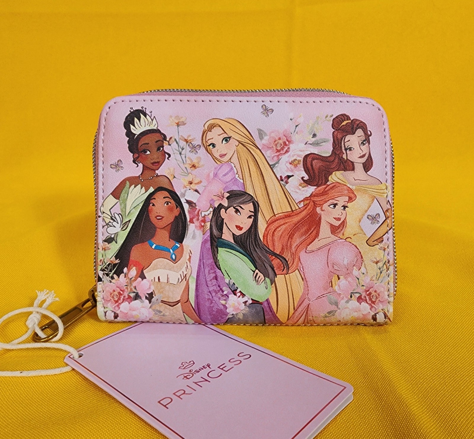 Loungefly Disney Princess Group Mulan Belle Ariel Tiana Pink Zip Wallet NEW