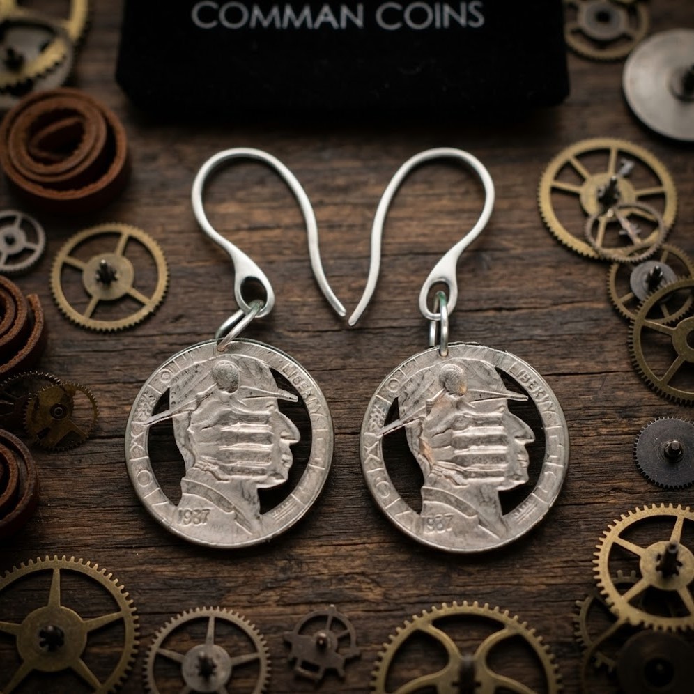 1937 Hobo Nickel Cut Coin Earrings Homeless Man Thumbs Up Good Luck Custom Art