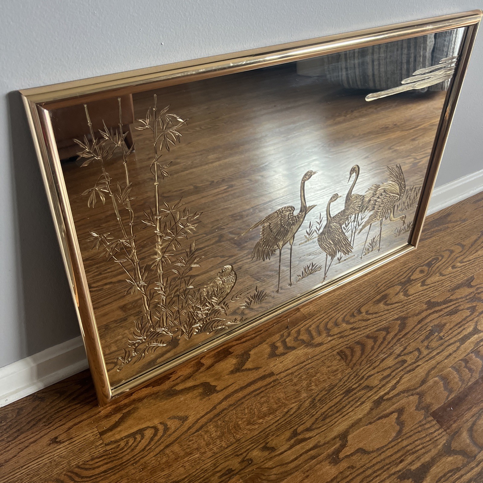 Vintage Large Asian Hollywood Regency Gold Etched Wall Mirror With Cranes 36x24