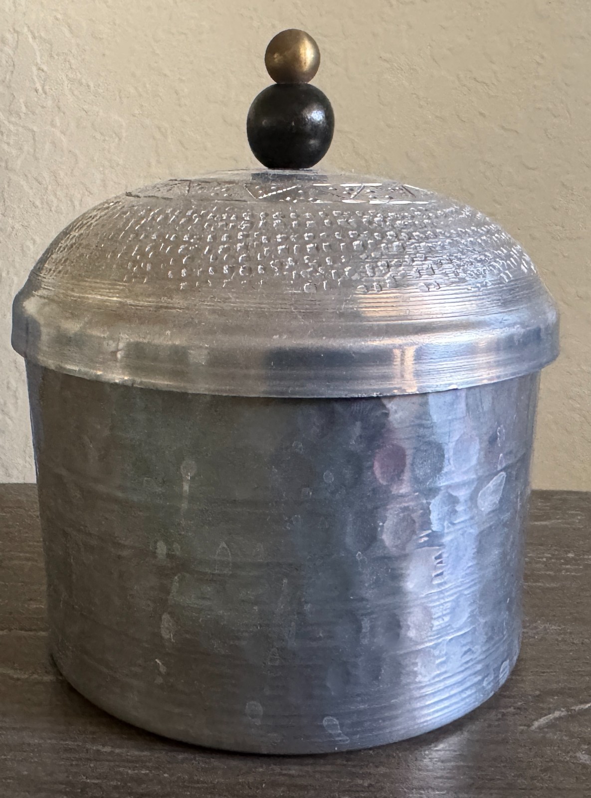 Small hammered aluminum canister with lid etched home decor 4.5\