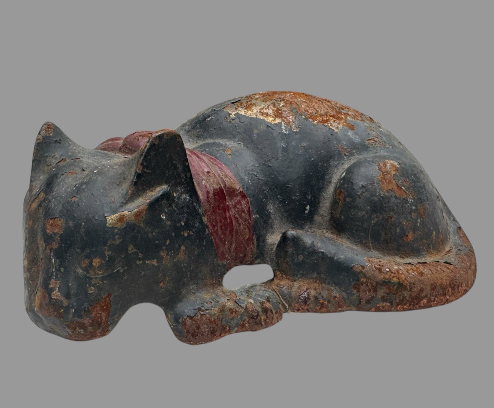 Antique Cast Iron Sleeping Cat Doorstop Old Paint Red Bow Rustic Patina 10”