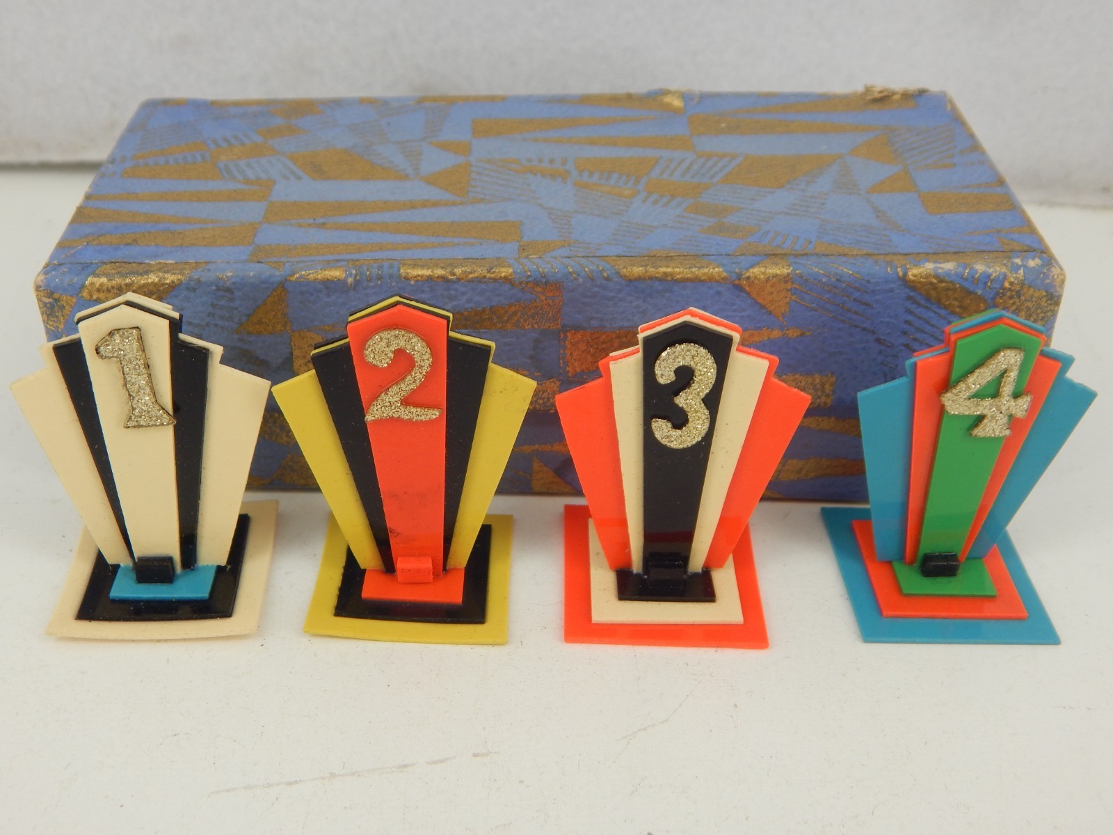 Vtg 1930s Art Deco Celluloid Bridge Table Markers Set 4 Numbers 