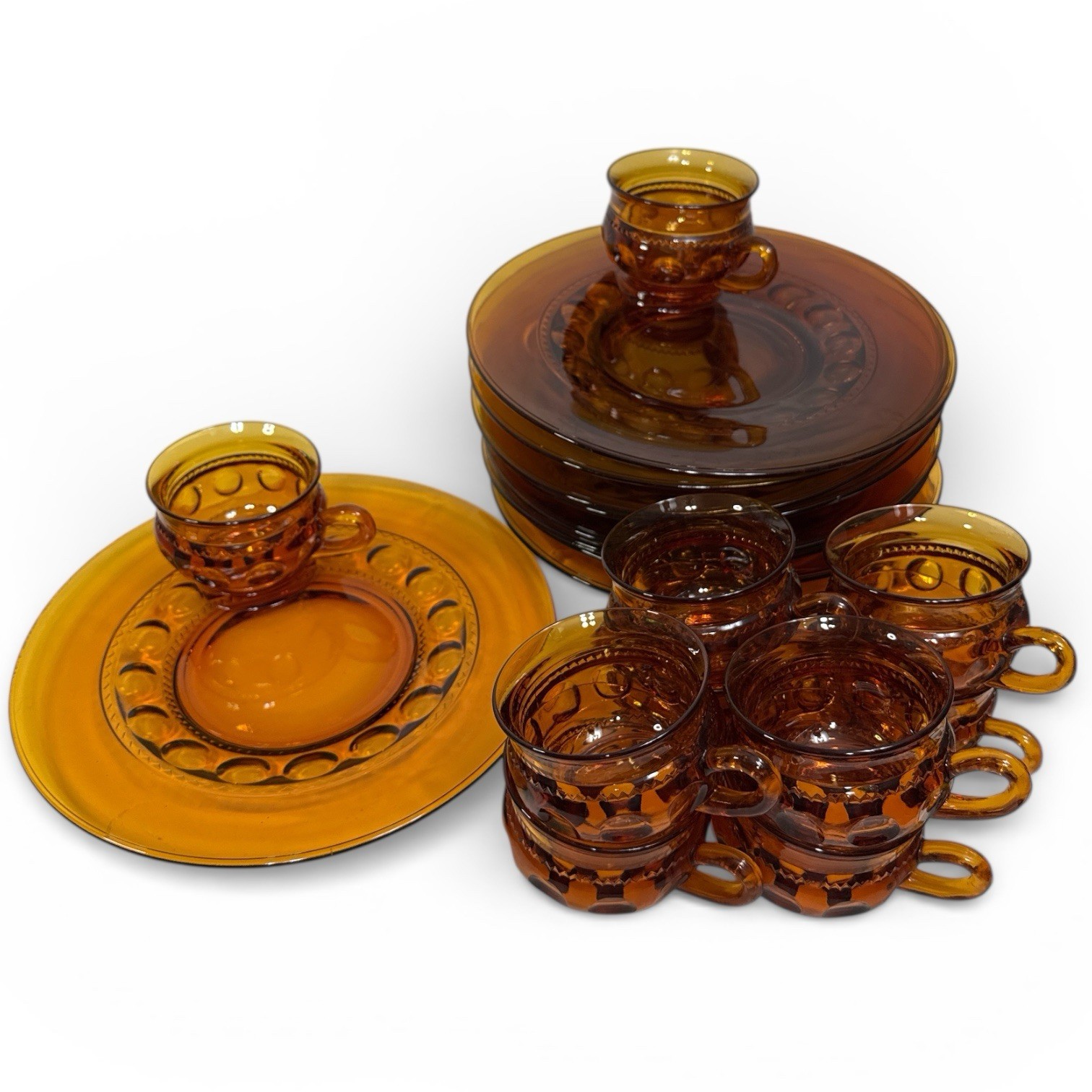 19pc Vtg Indiana Glass Amber Kings Crown Thumbprint 9 Snack Plates 10 Cups