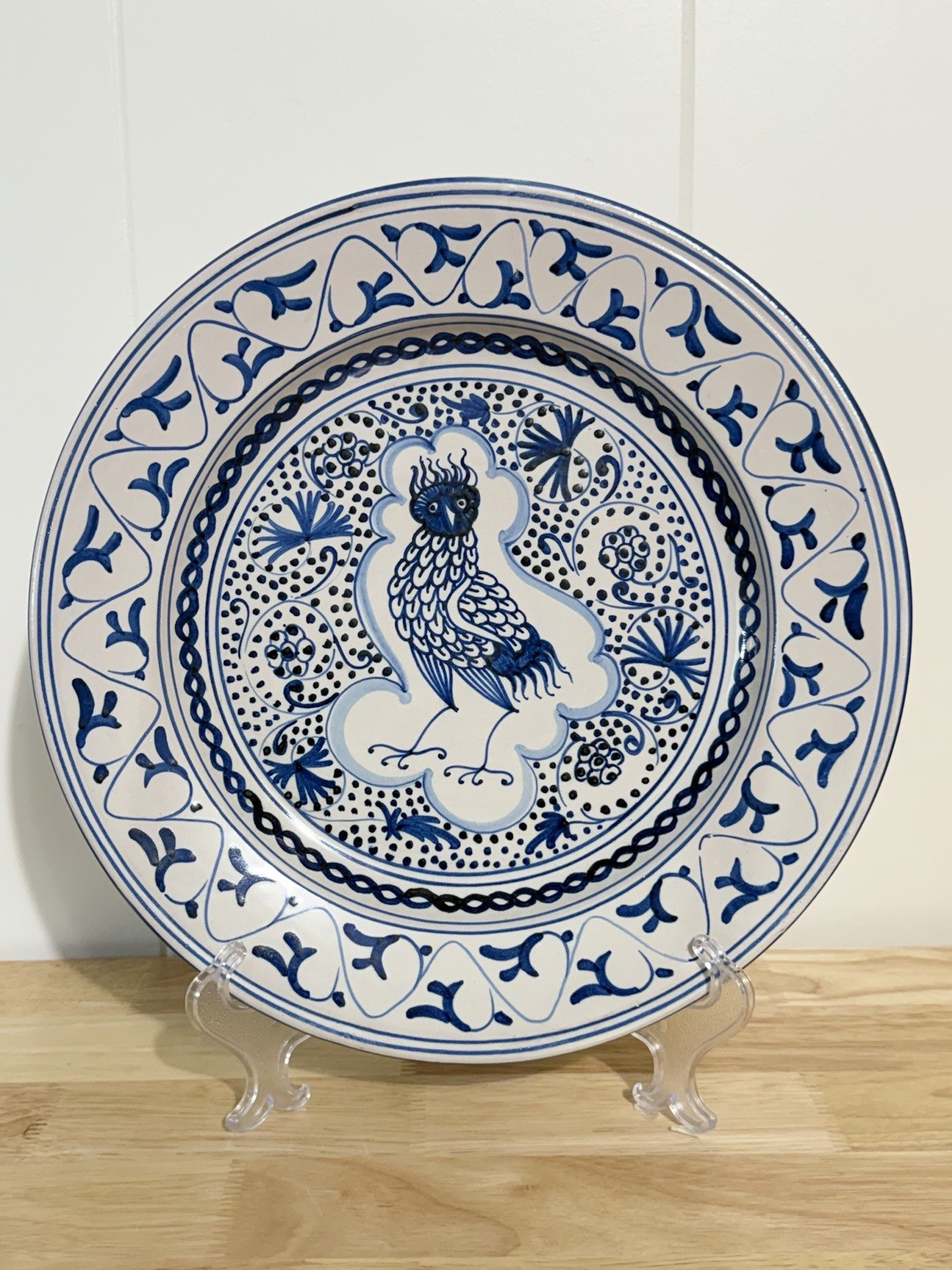 RARE Vntg Spanish Fajalauza? Blue Painted Tin Glazed Owl Bird Plate Wall Decor
