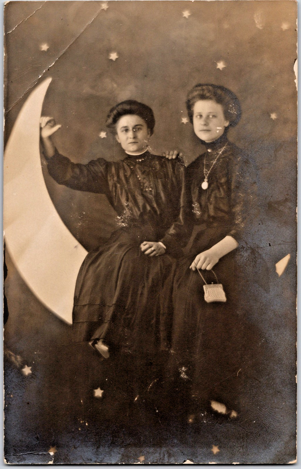 Vintage Paper Moon RPPC Postcard Edwardian Women Posing Starry Night AZO 1904-19