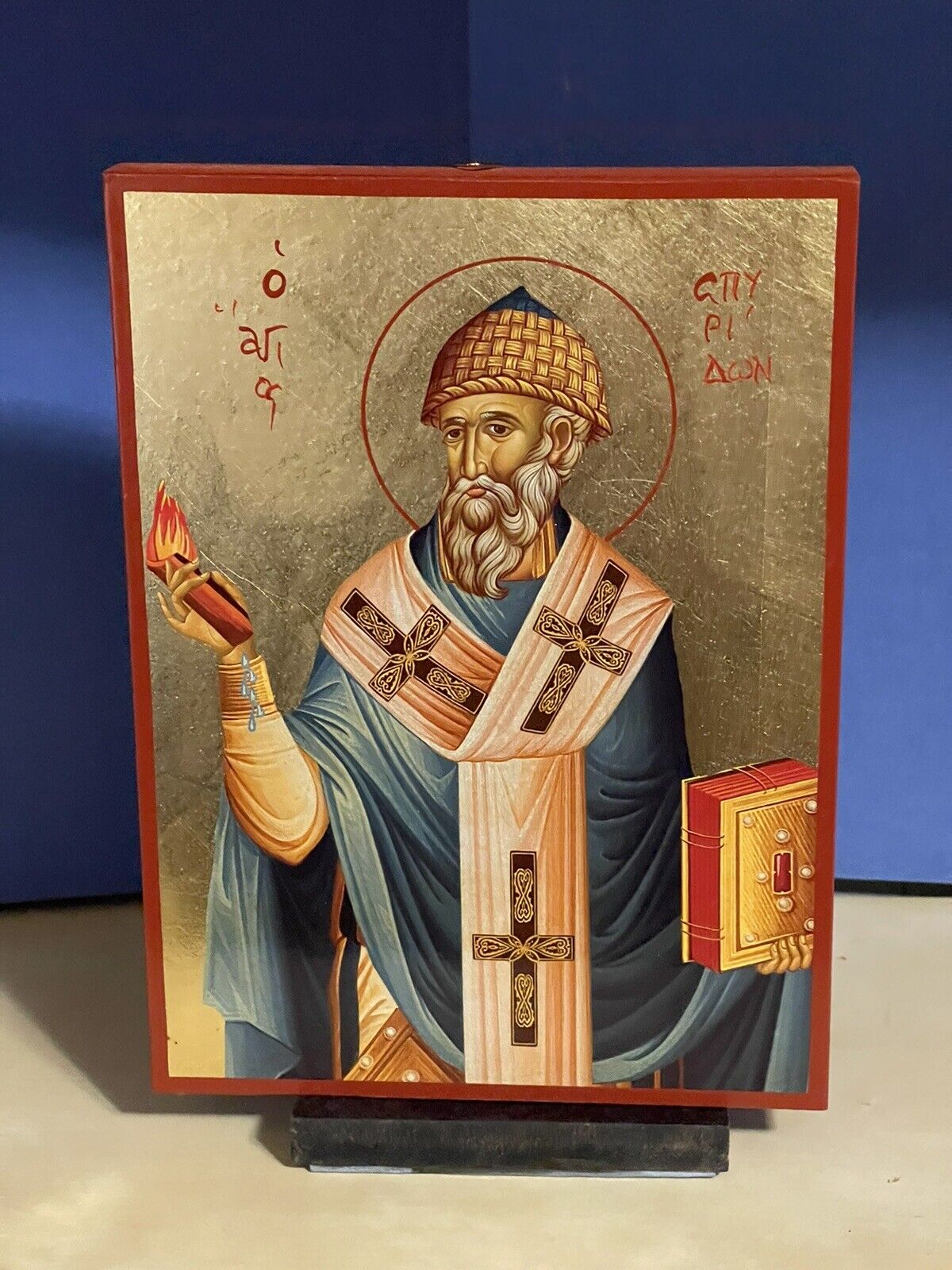 Saint Spyridon -Greek Russian WOODEN ICON FLAT, WITH GOLD LEAF 5x7 inch