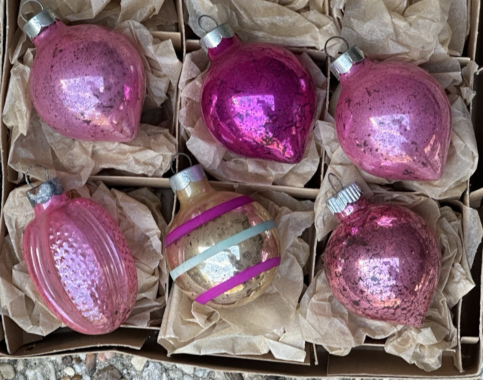 Vintage Paragon Made In USA Pink  Teardrop Stripes Glass Ornaments