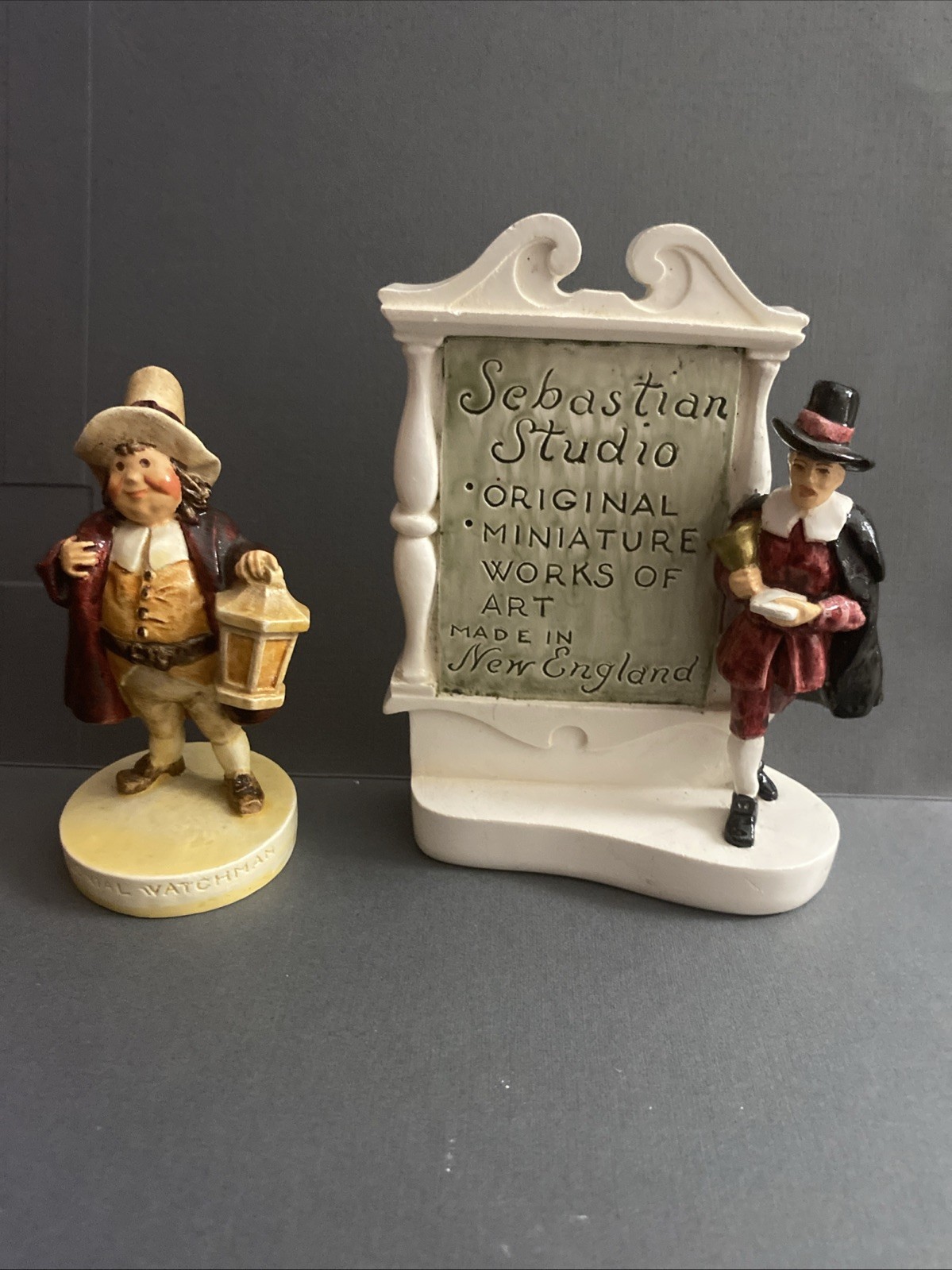 2 Vtg Sebastian Miniatures:Colonial Watchman 1967 &Town Crier Marquee/Studio