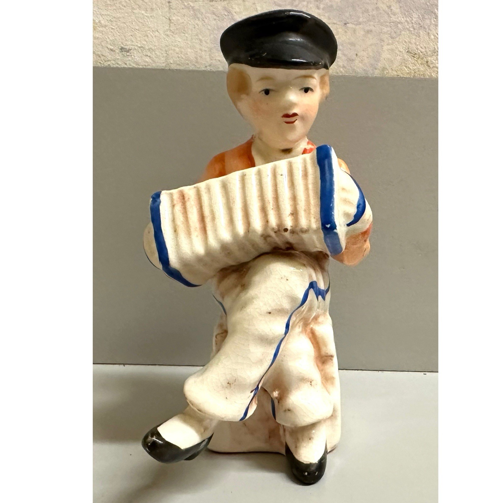 Boy Seated playing Accordion Figurine Made in Japan MCM
