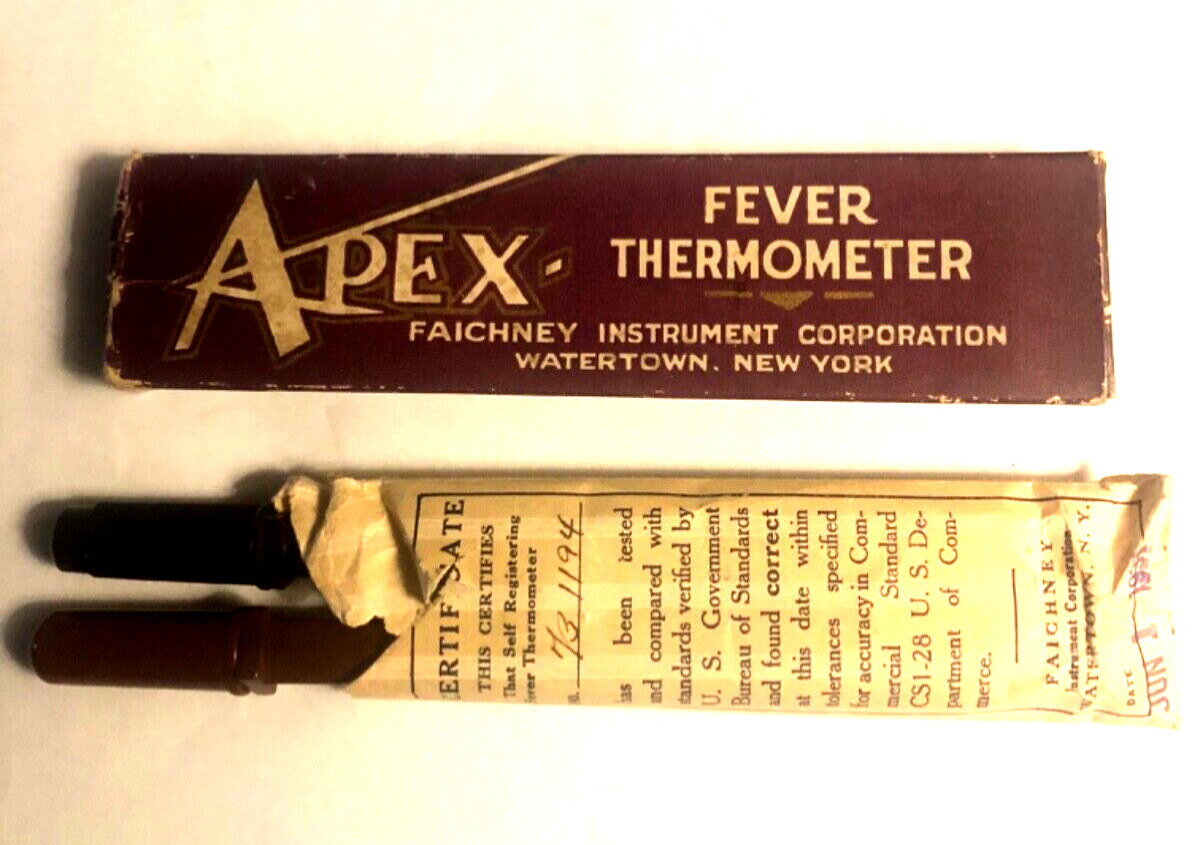 VINTAGE 1931 APEX FEVER THERMOMETER W/ ORIGINAL BOX CASING SIGNED PAPERS
