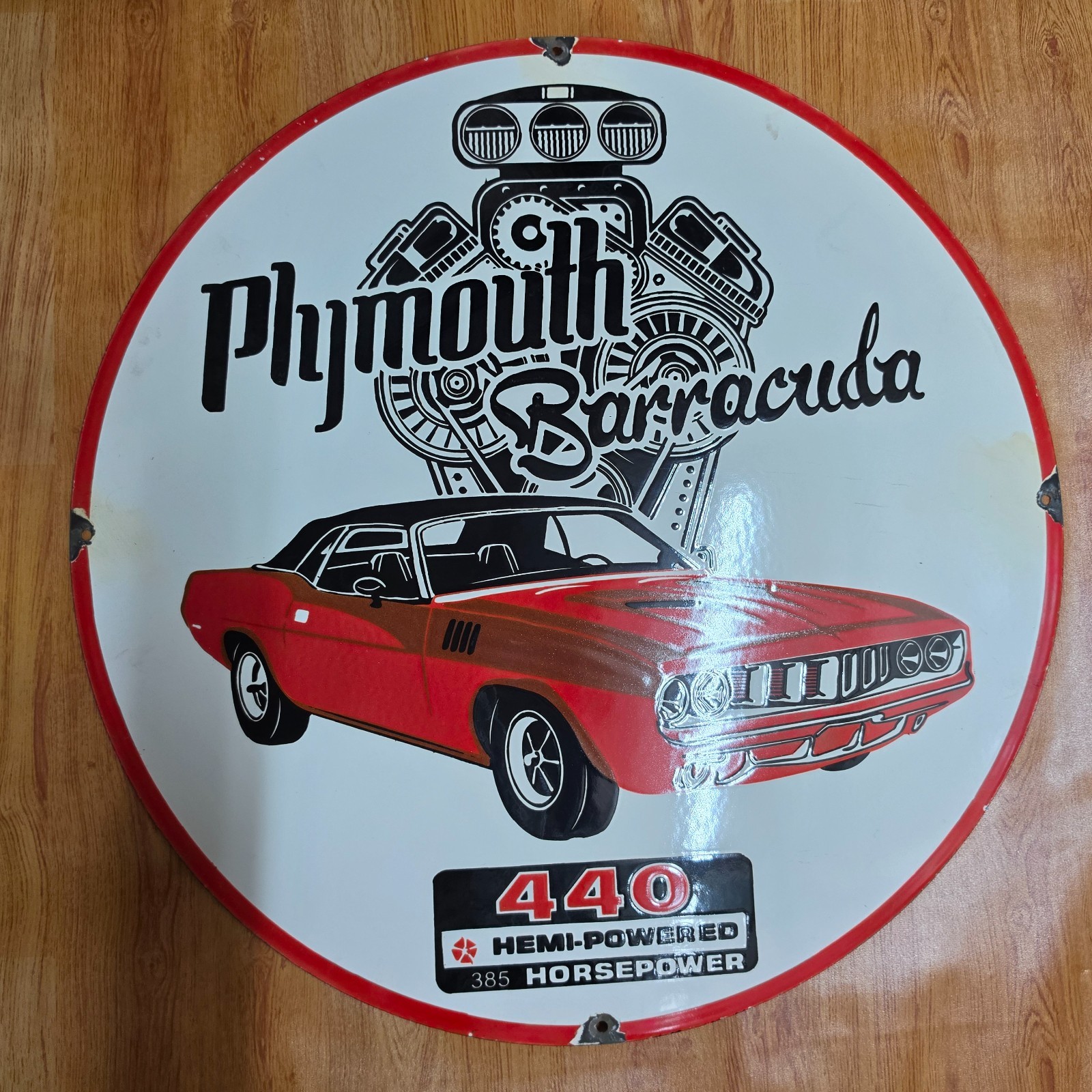 PLYMOUTH BARRACUDA PORCELAIN ENAMEL SIGN 29 X 29 INCHES
