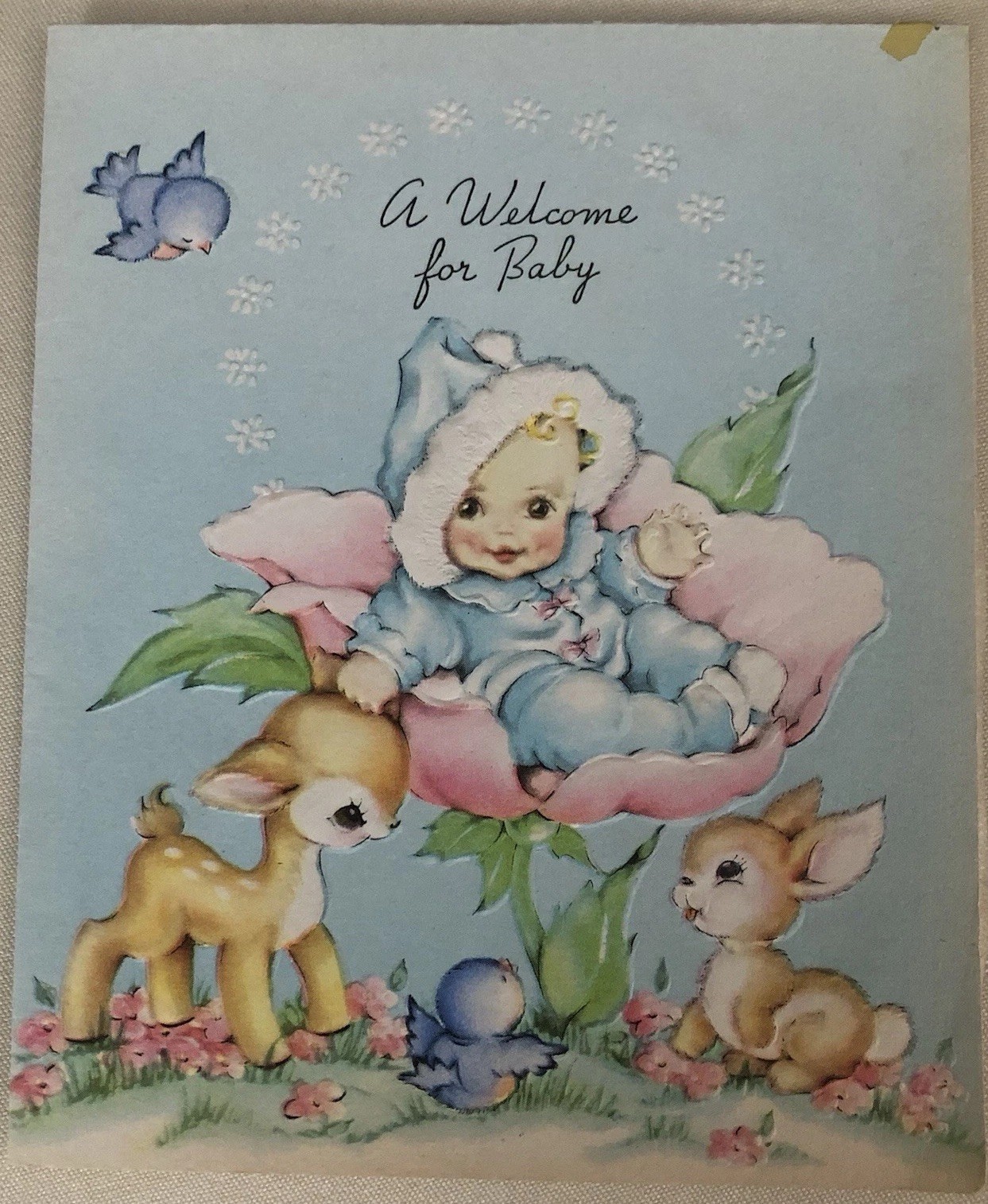 Vtg Welcome Baby Greeting Card Adorable Baby On Flower Deer Bluebird & Bunny