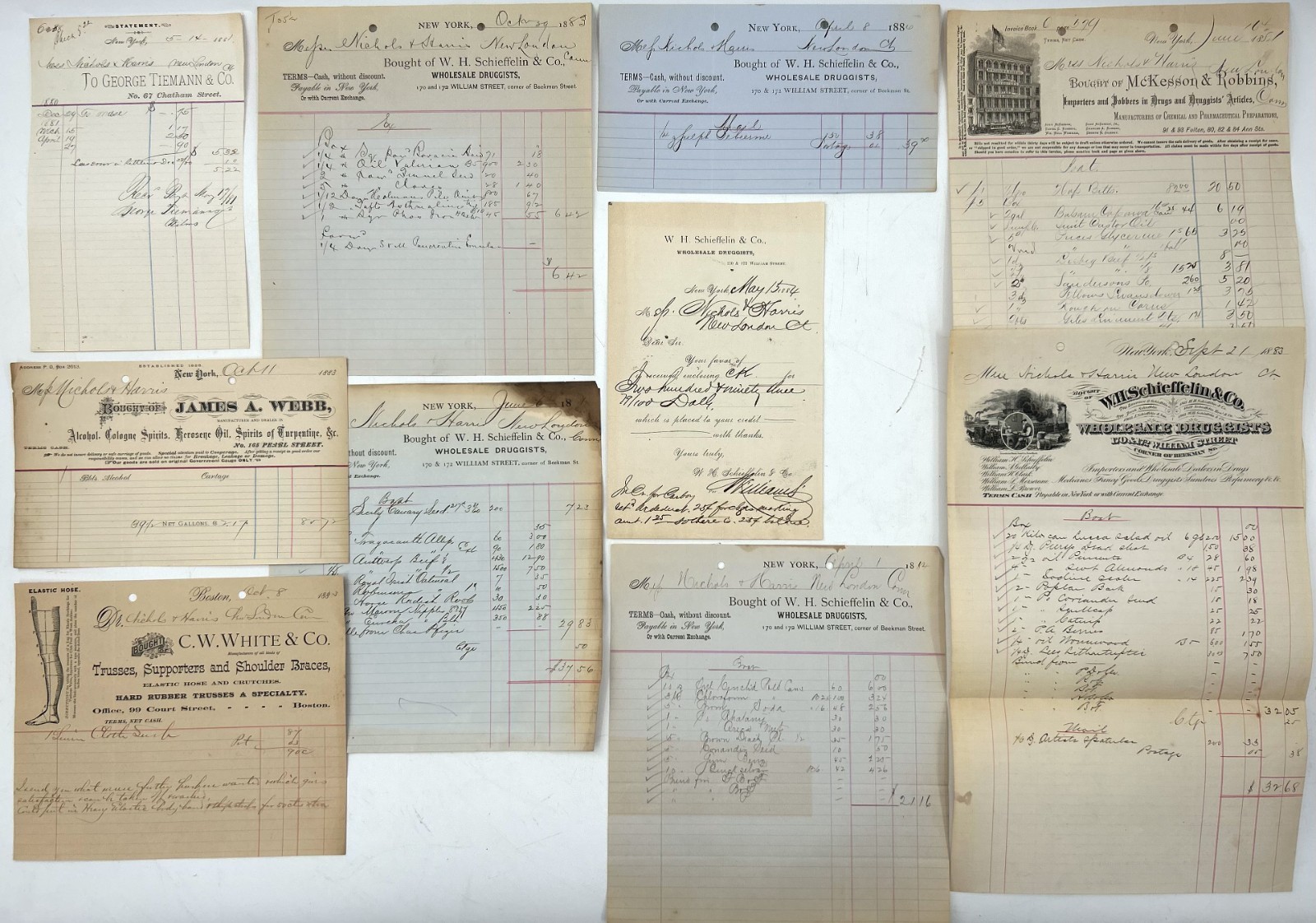 Antique Lot of (10) 1880's Receipts - Druggists, Braces Receipts, etc.    #7