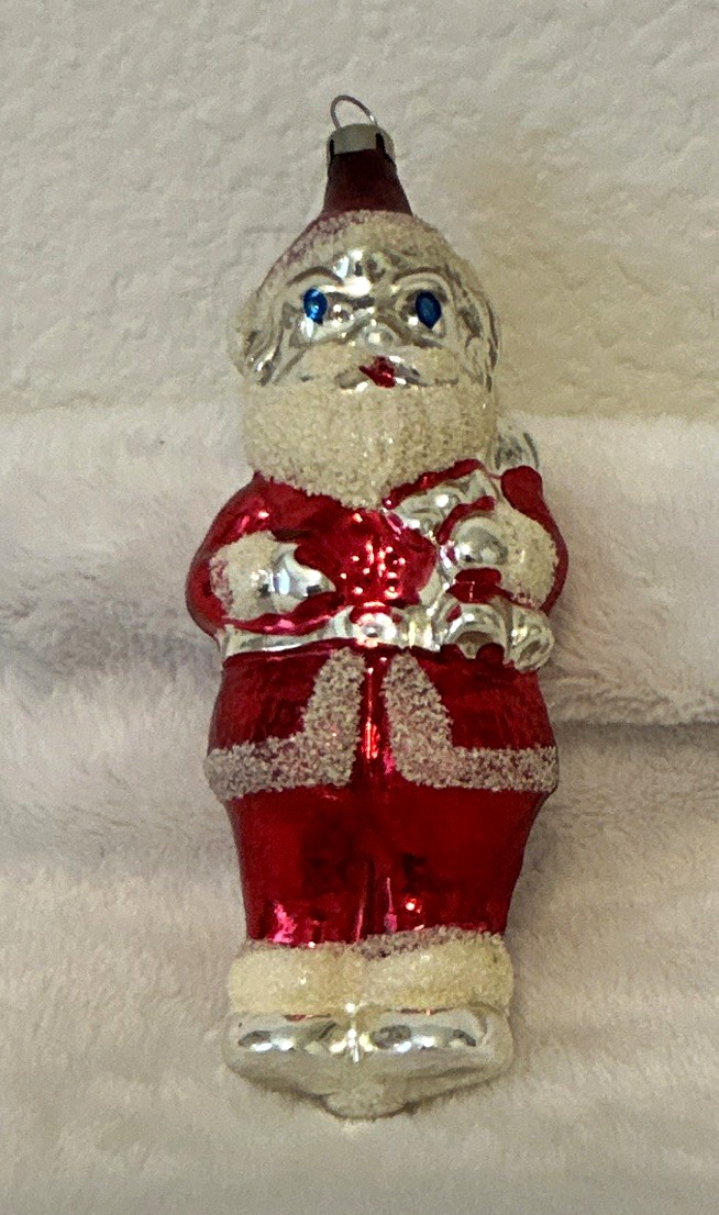 Vintage Czechoslovakia Glass Santa Ornament 5.5” Blue Eyes Mica Glitter