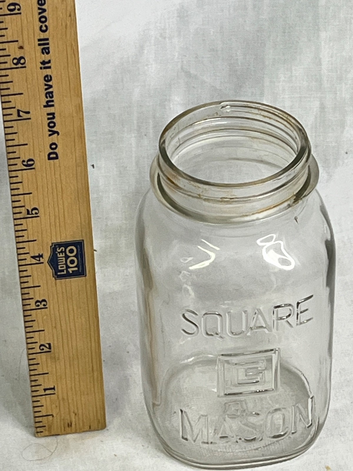 Vintage 1940s Glenshaw G Square Mason quart canning jar. Clear, no lid, mold 304