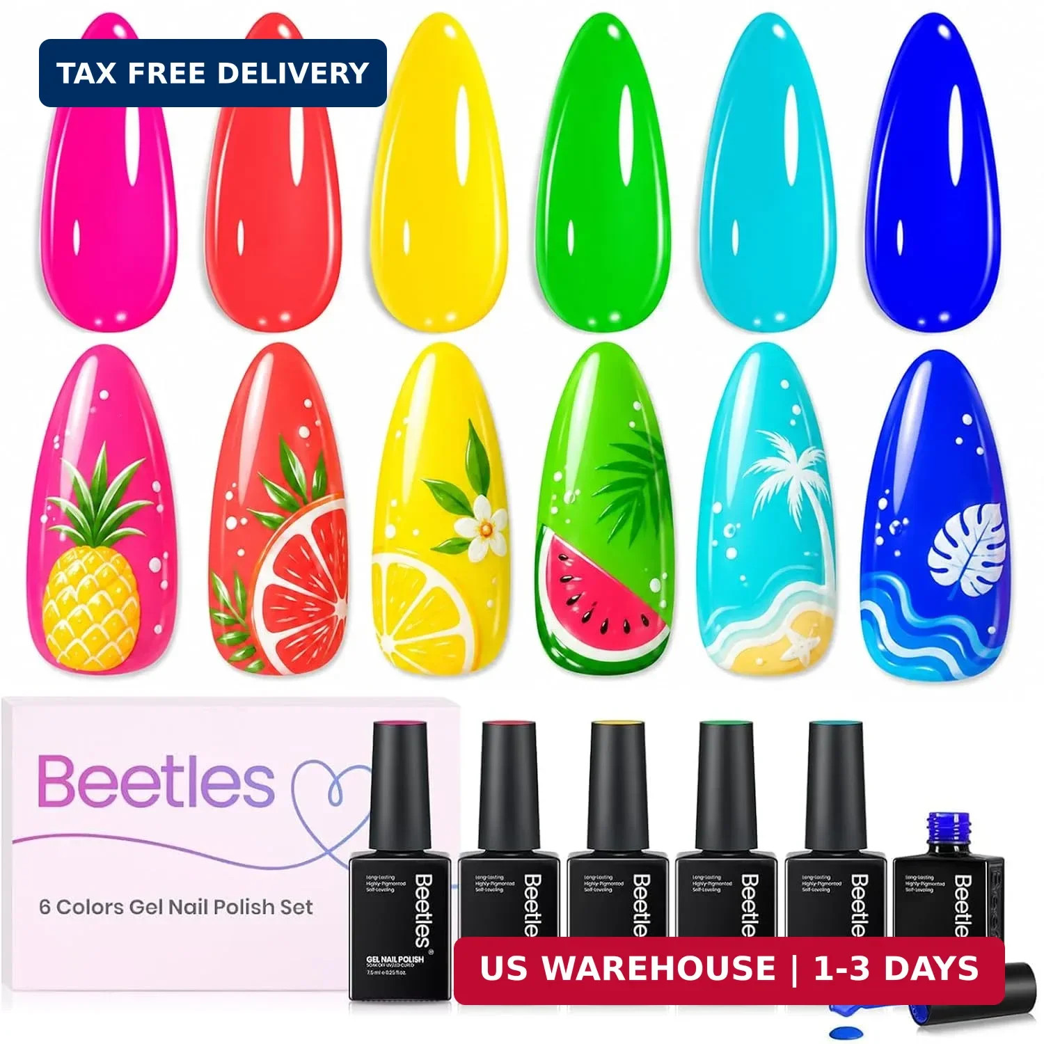 Beetles Neon Gel Nail Polish - Dreamy Summer Nails Art, 6 Colors Hot Pink Blue Y
