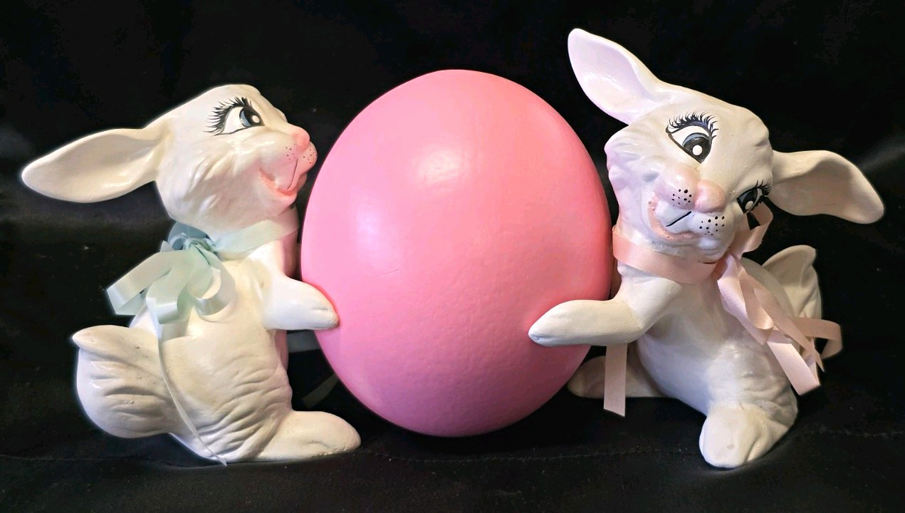 Vintage Easter Bunny Rabbits with Large Pink Egg Figurine Spring Cottagecore