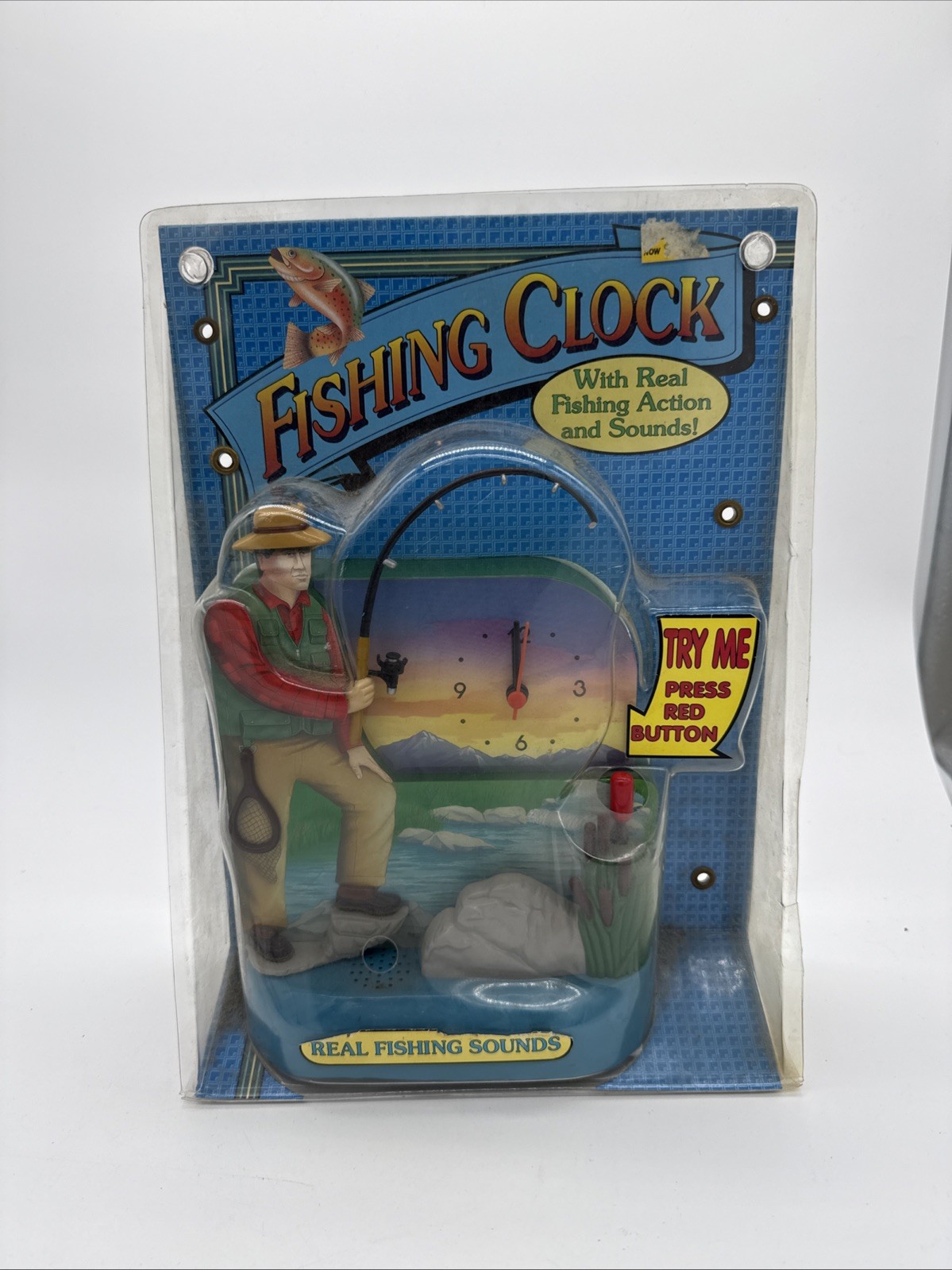 Rare Fishing Clock Real Fishing Action and Sounds Vintage 1998 Sealed Shelf Wear
