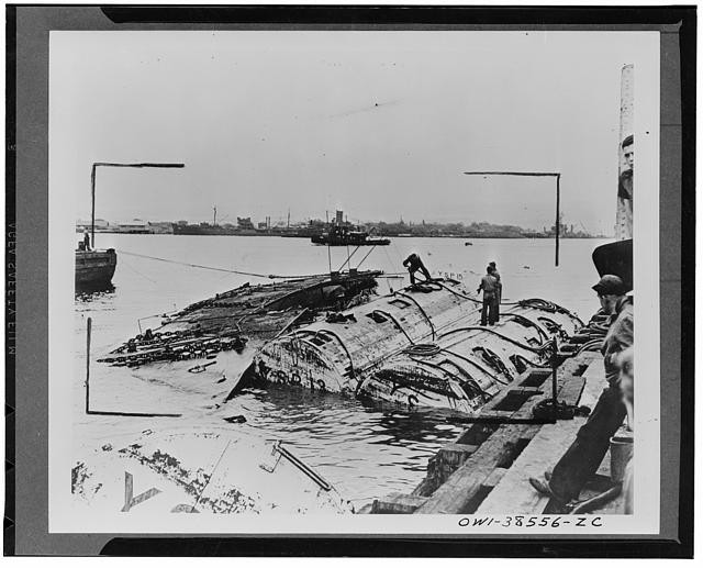 Photo:WWII Sunken Submarine Harbor Salvage 1940s Men on Wrecked U-Boat