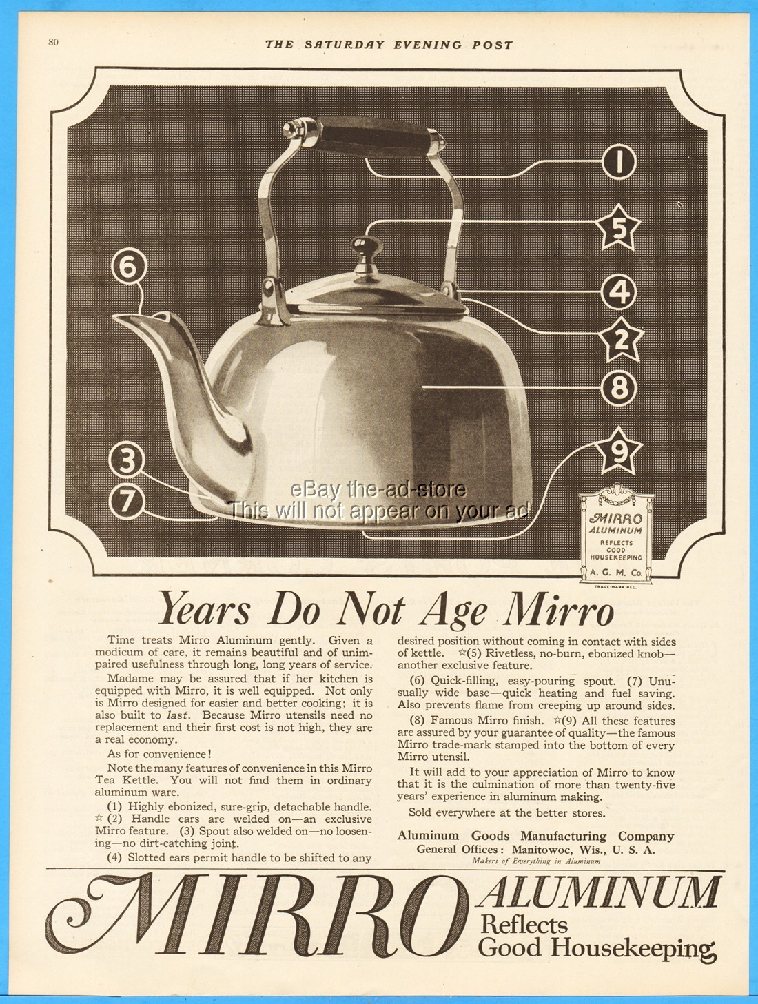 1919 MIRRO Aluminum Goods Manufacturing Co Manitowoc WI Tea Kettle Print Ad