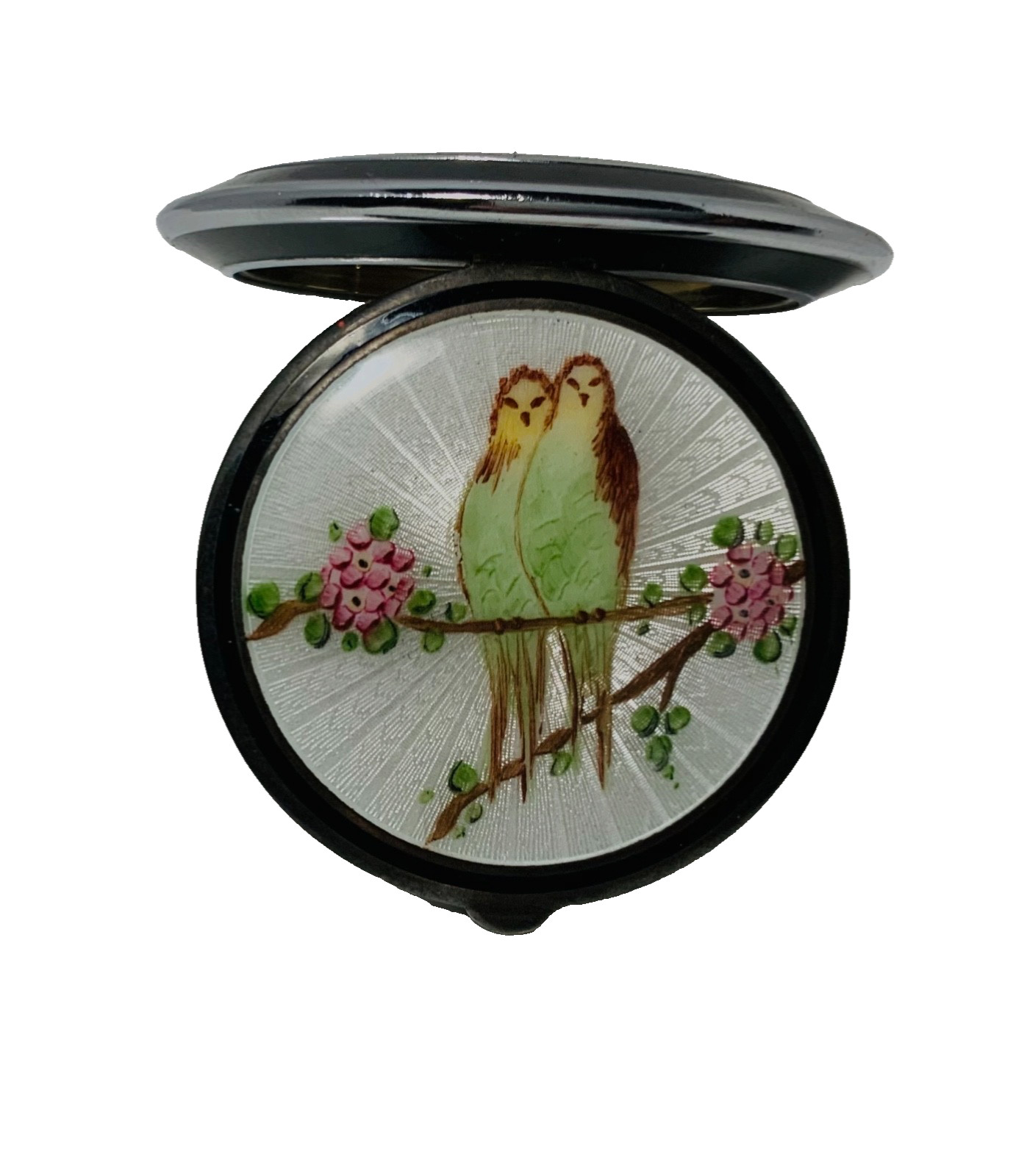 STUNNING Antique *BIRDS*Hand Painted STERLING ENAMEL GUILLOCHE Compact by EAM CO