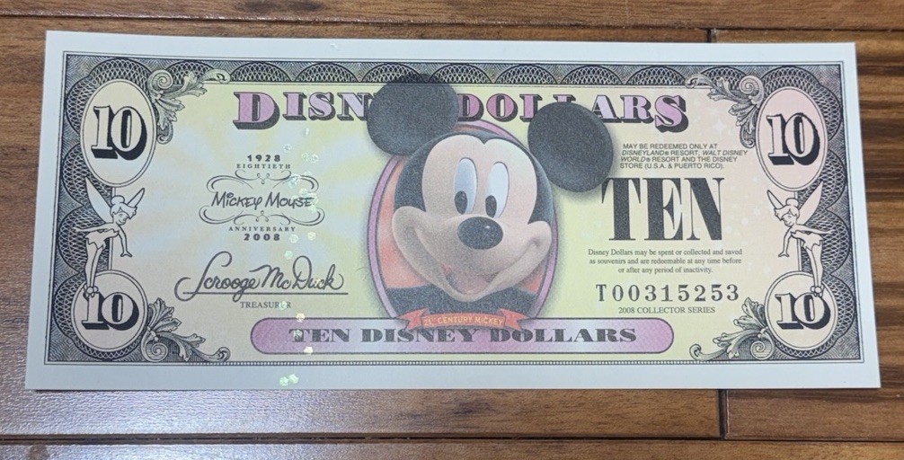 Disney 2008 $10 Disney Dollar Mickey Mouse 80th Anniversary T Disney Store Unc
