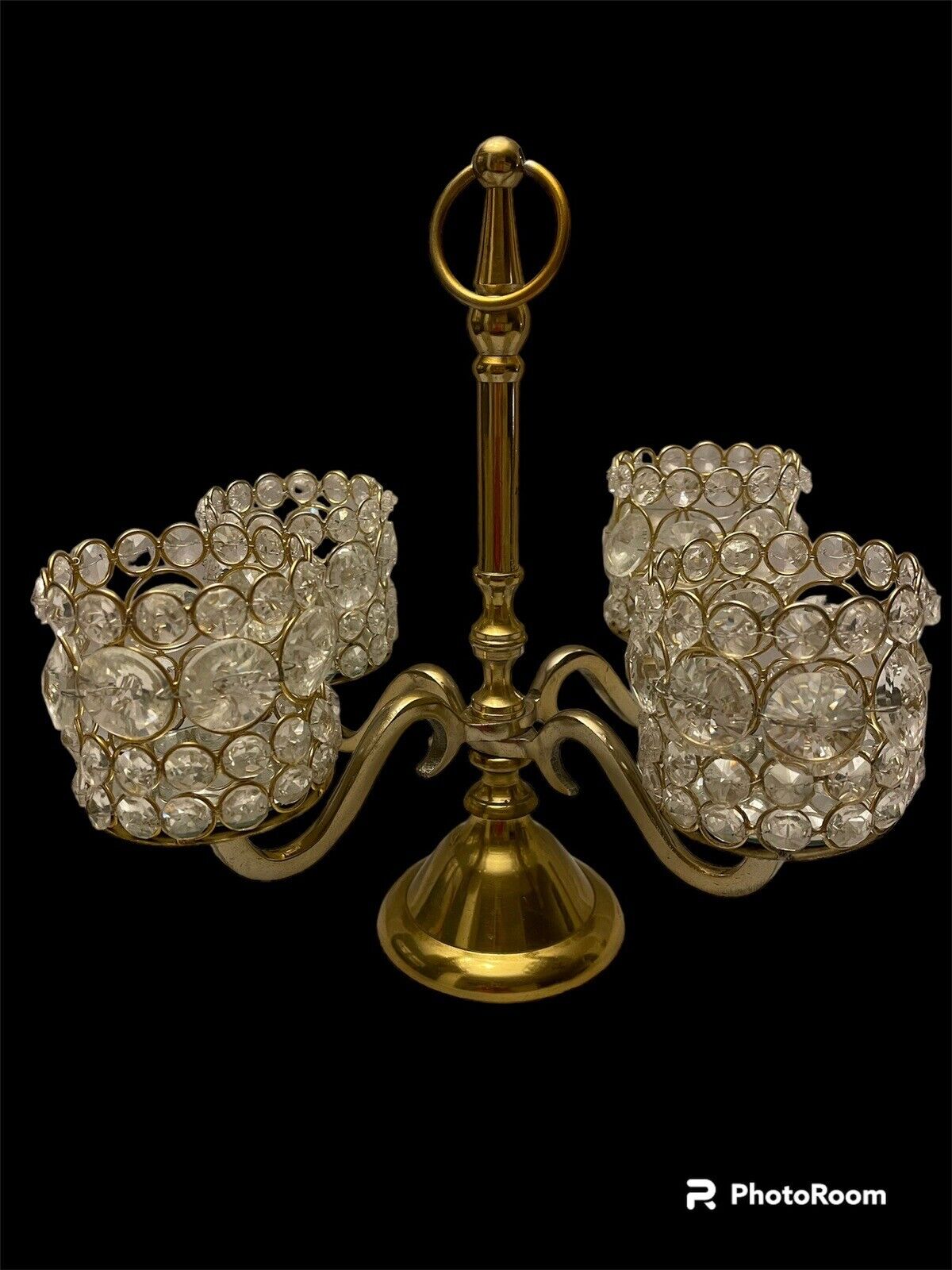 Brass Acrylic 4 Votive Candle Chandelier Holder Stand Hollywood Regency Glam 13”