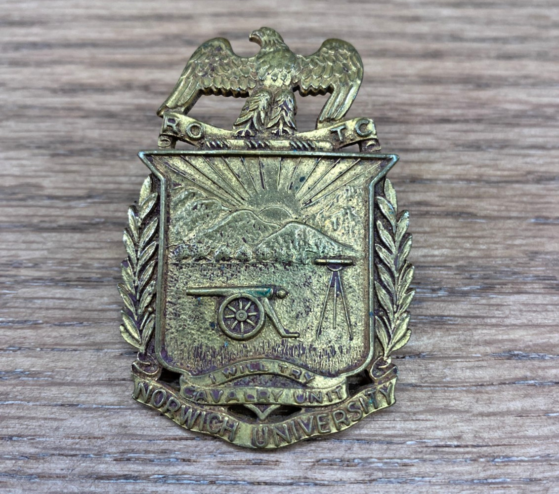 Vintage Norwich University ROTC Cavalry Unit Cap Badge N.S. Meyer Screw Back