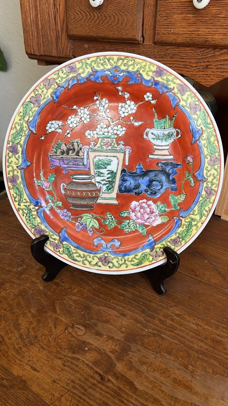 Rare Chinese Red Ground Scholars Object Plate - 10\
