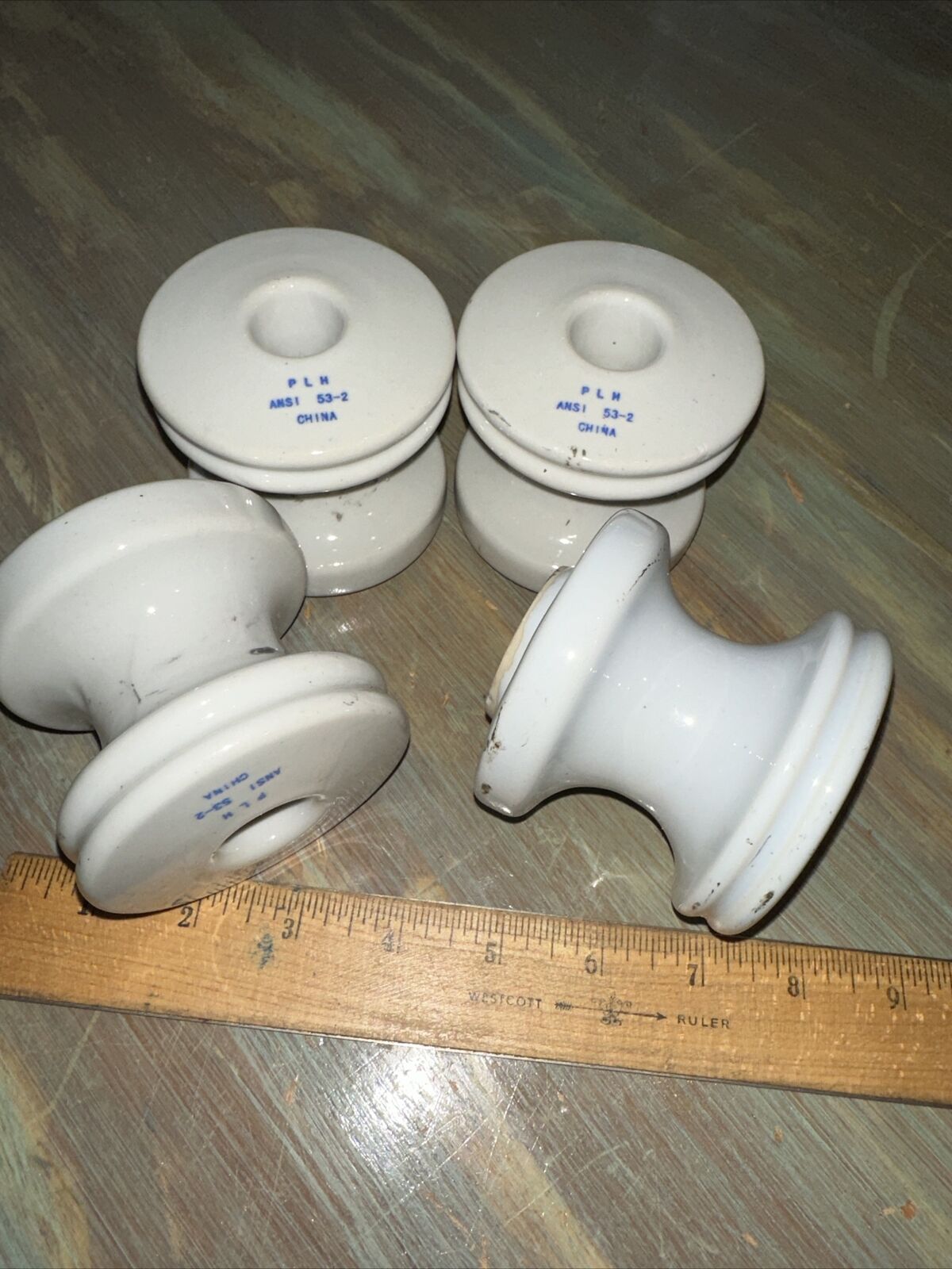 4 Vintage White Ceramic (Porcelain Insulators) Telephone Line Insulators.