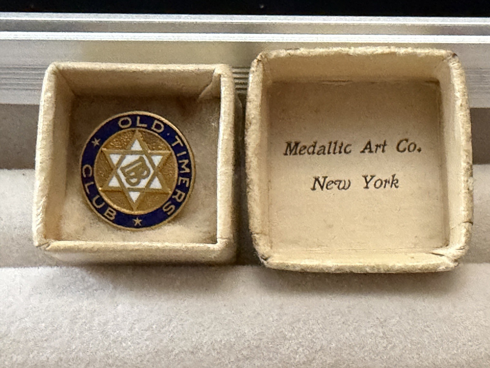 Antique Old Timers Club Enamel Lapel Pin w/ Box Medallic Art Co NY