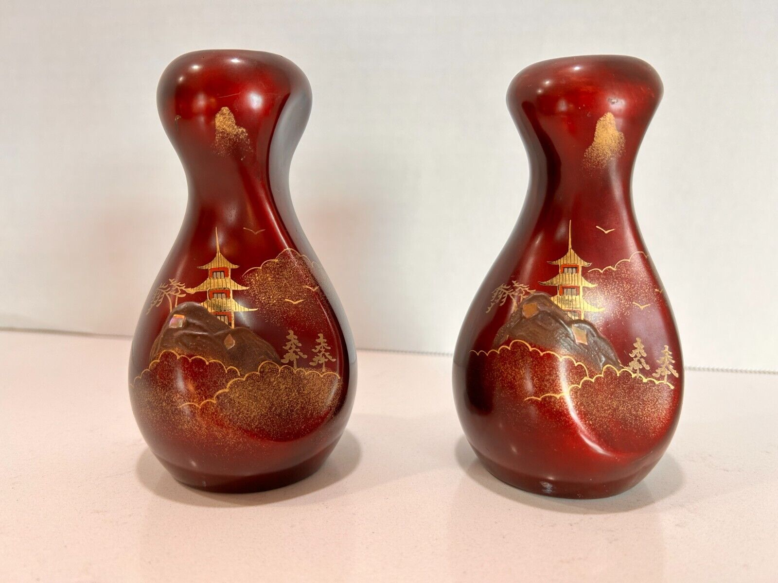 2 Vintage Royal WKS Gourd Shaped Burgundy Gold Vase Textured Japanese Scene