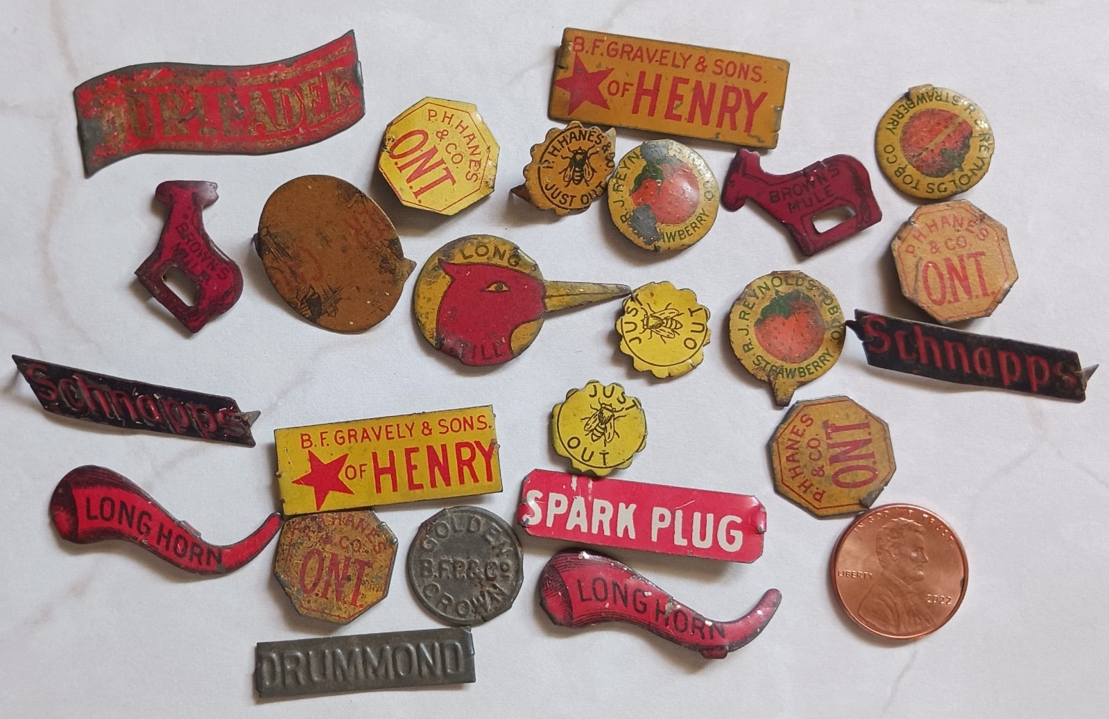 21+ Antique Tobacco Tin Tags Gravely Schnapps Browns Mule Spark Plug Hanes Long