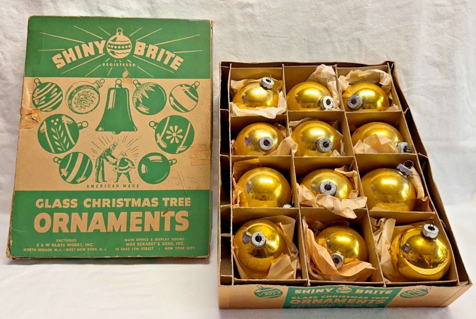 12 Gold Mercury Glass Ornaments & Shiny Brite Box, Please READ