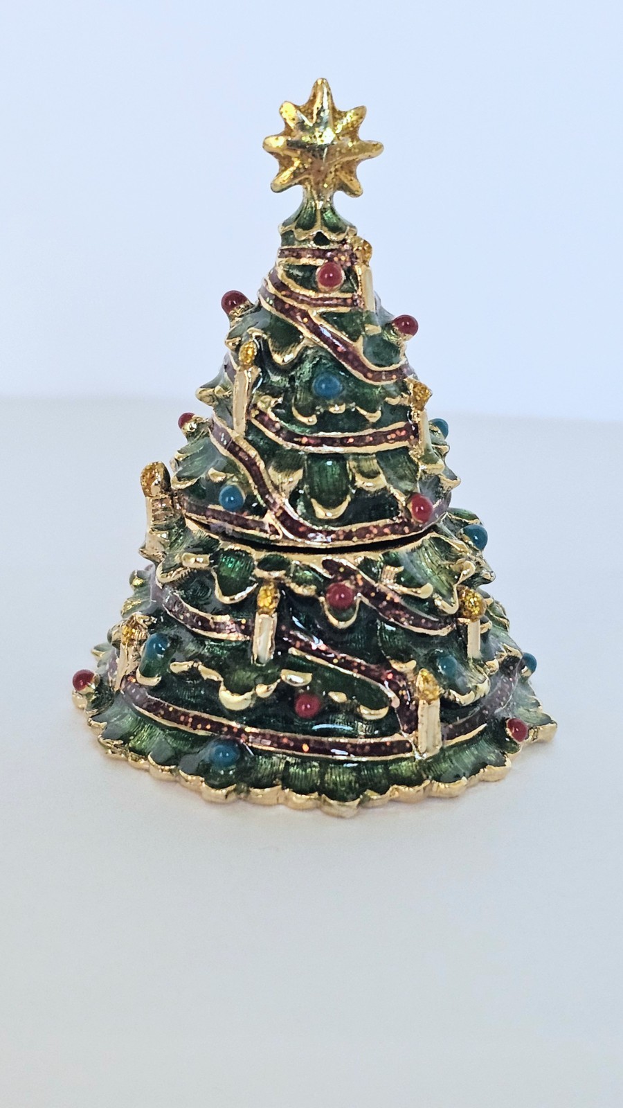Vintage Monet Christmas Tree Trinket Box Hinged Lid Green Enamel Gold 2