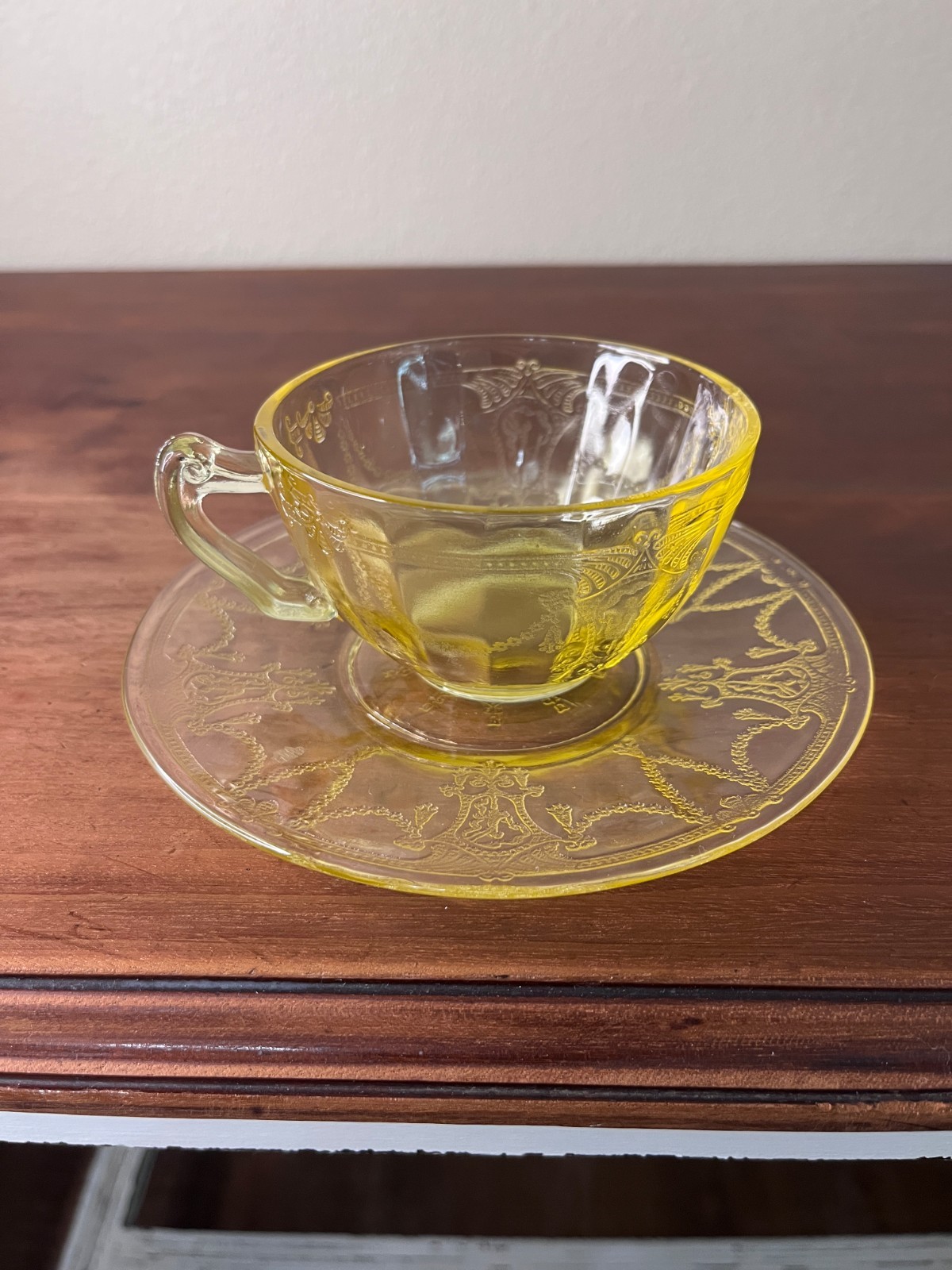 Vintage Cameo Ballerina Topaz Yellow Depression Glass Cup & Saucer Vintage Cameo Ballerina Topaz Yellow Depression Glass Cup & Saucer