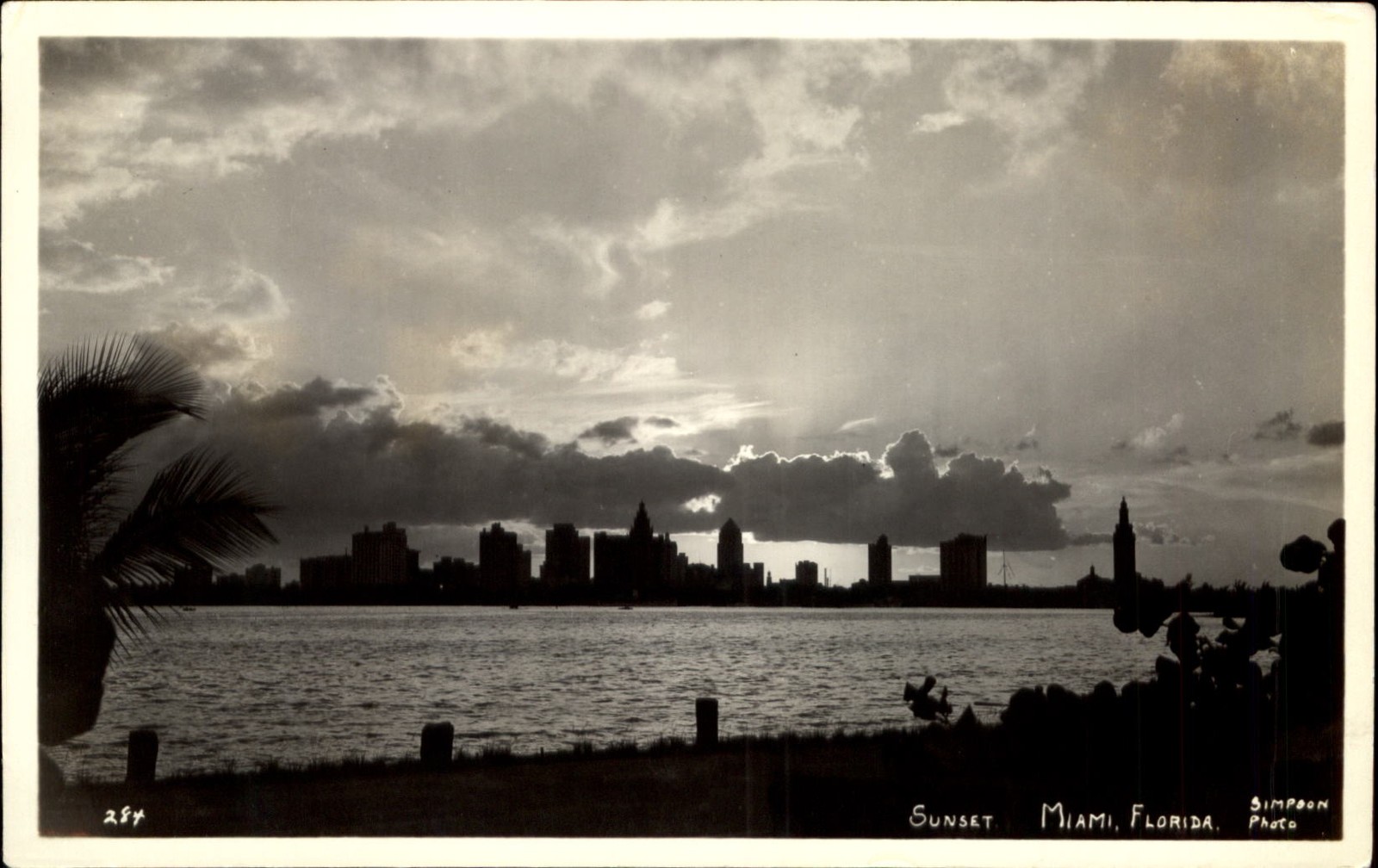 RPPC Sunset over Miami Florida skyline ~ Simpson photo postcard ~ 1925-1942