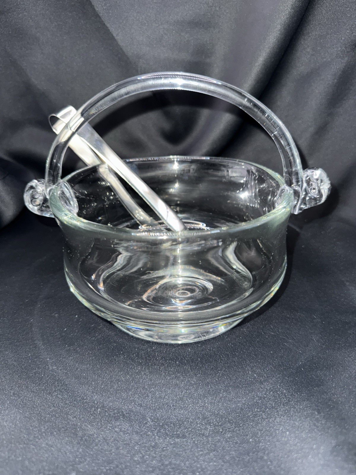 Vintage Glass Basket With Handle And Sterling Steel Tongs - Excellent Condition Vintage Glass Basket With Handle And Sterling Steel Tongs - Excellent Condition