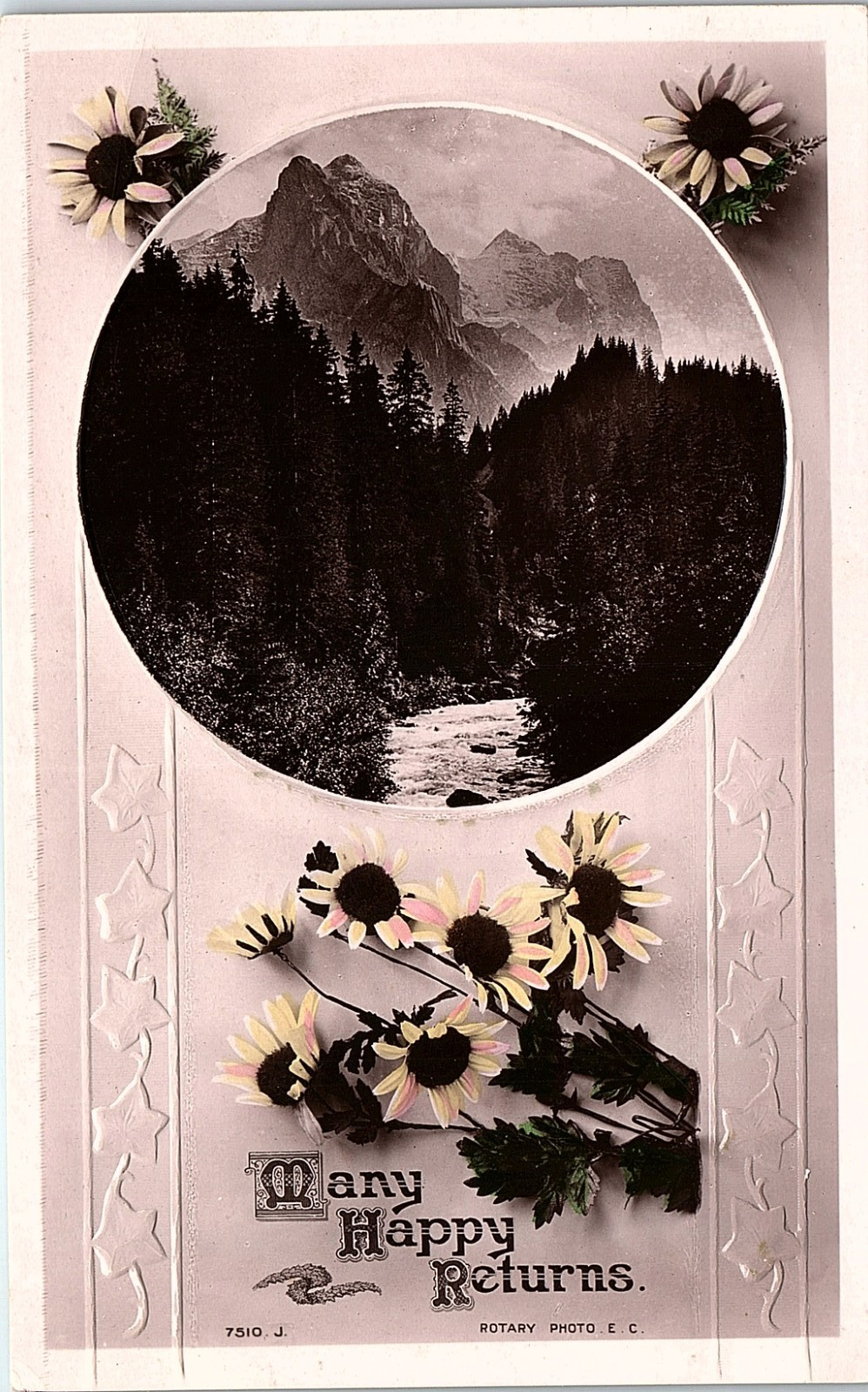 Vintage Postcard 1910s Friendship Greetings Mountain Lake Floral RPPC Yosemite? 