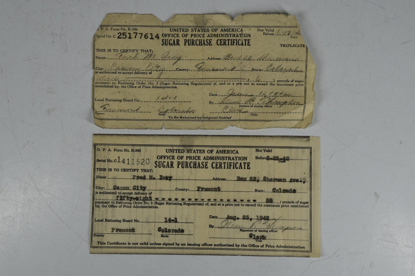 2 Vintage WWII WW2 Sugar Purchase Certificate Fremont Colorado USA Paper