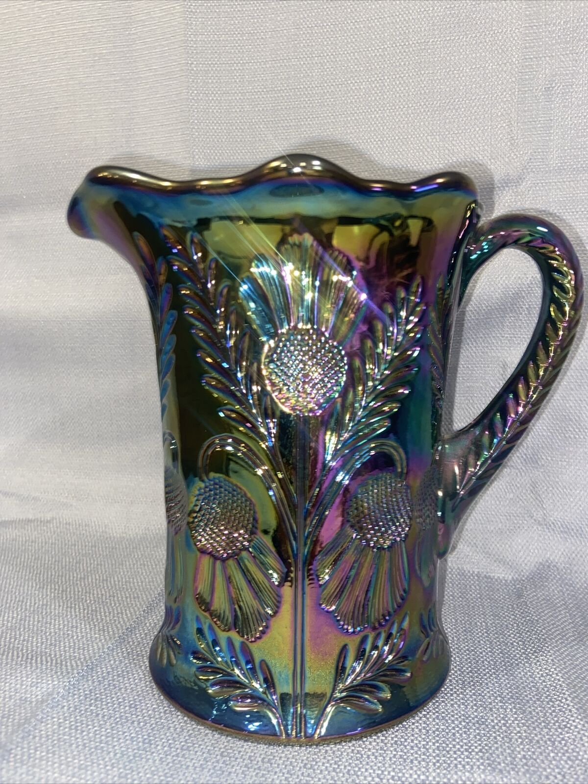 Cambridge Inverted Thistle Carnival Amethyst Glass Pitcher 6.5” Tall-F
