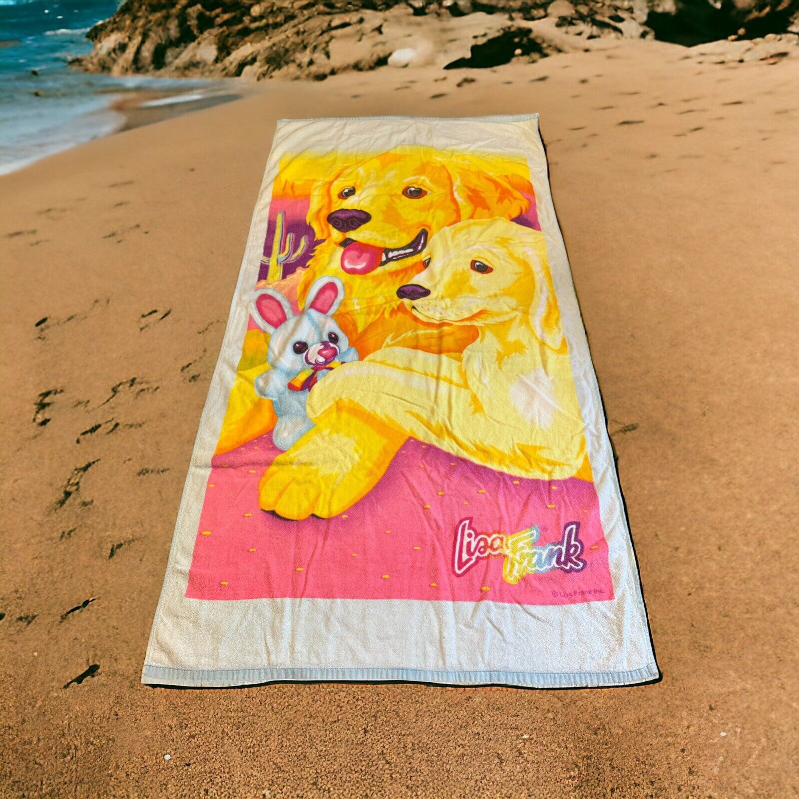 Vintage Lisa Frank 90’s Bath Beach Towel Casey & Caymus Yellow Labradors 28”x58”