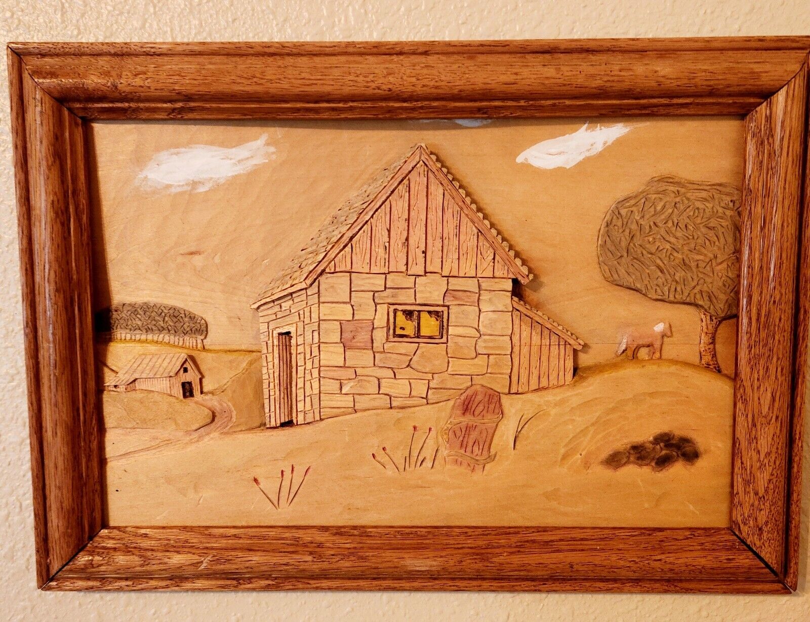 Vintage Hand Carved Picture Of House Horse And Countryside