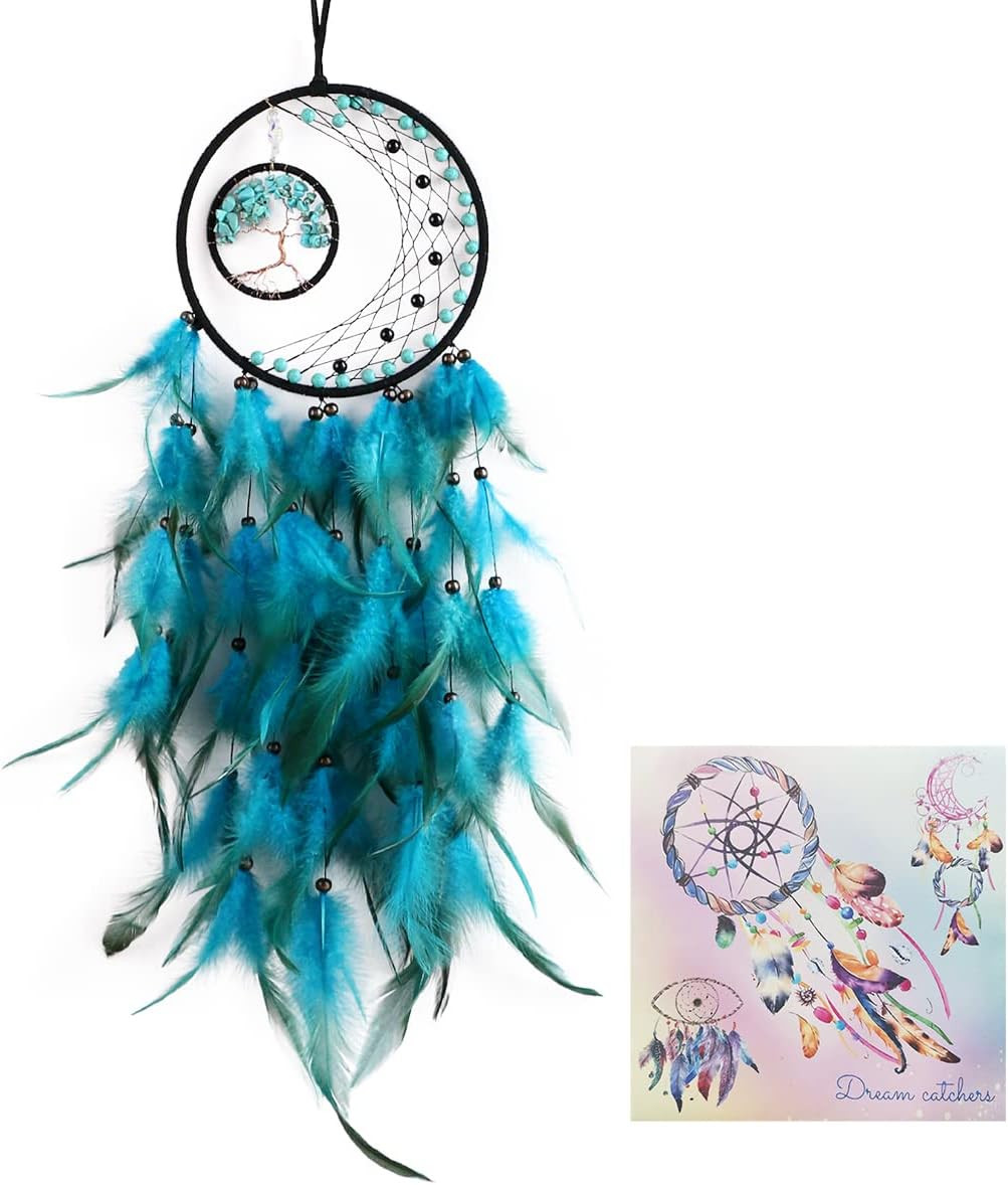 Cyan Blue Dream Catchers, Dream Catcher Tree of Life Wall Decor for Bedroom, Han