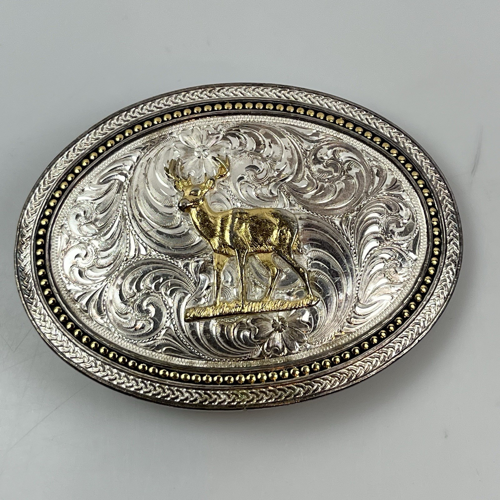 Montana Silversmiths Large Scalloped Silver Engraved Western Belt Buckle Deer