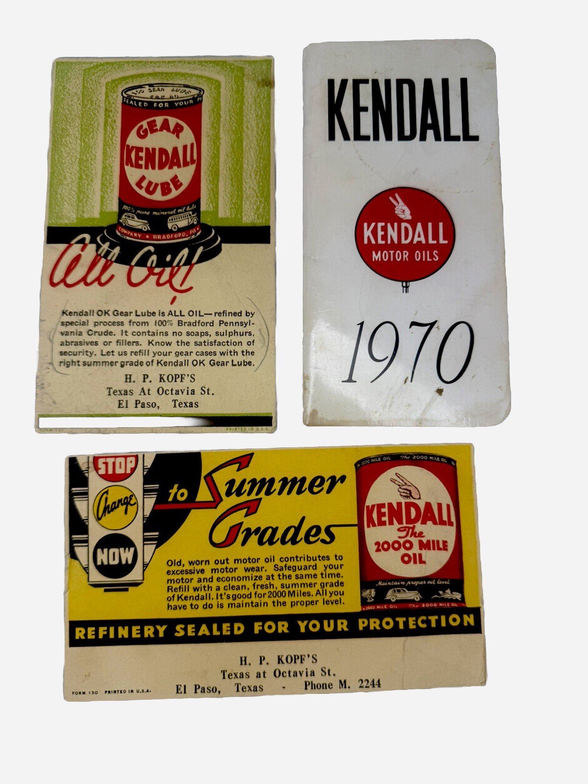 3Pc. Kendall Lot Vintage Lube Auto Service 1940’s Postcards & Service Booklet Ao