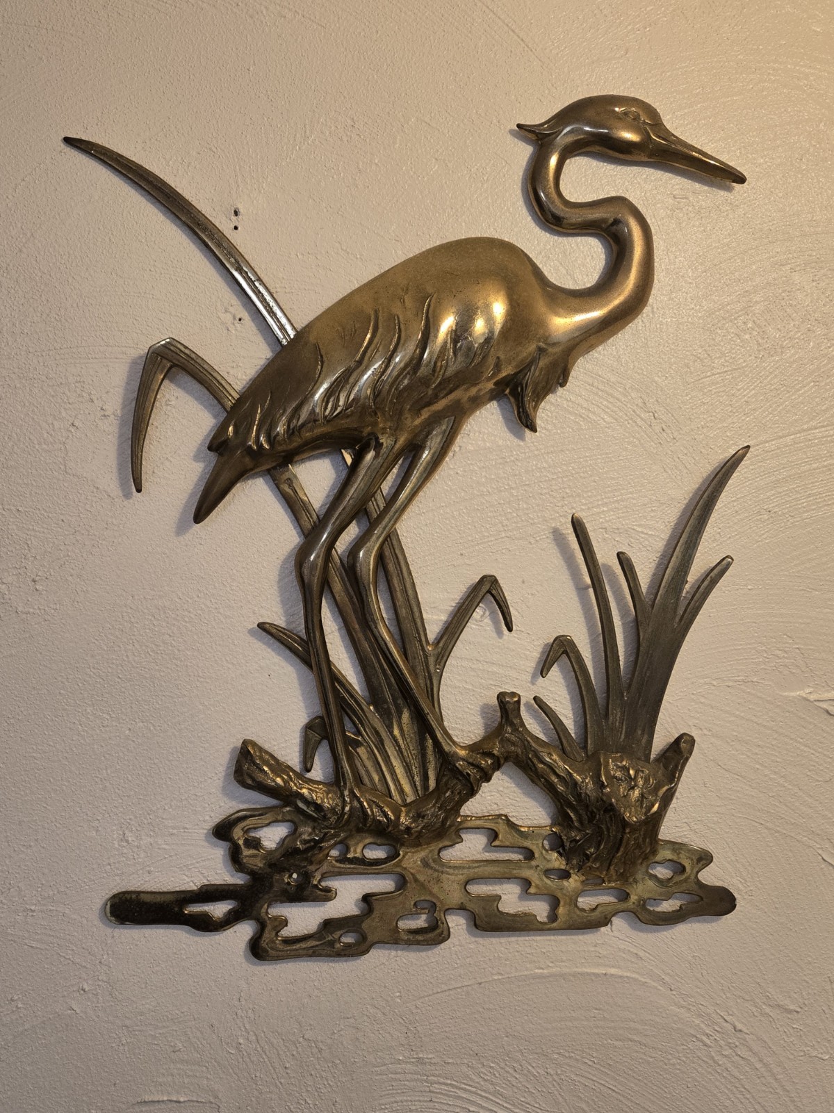 Rare VTG 60's MCM Brass Crane Egret Bird Wall Decor Hollywood Palm Beach Regency