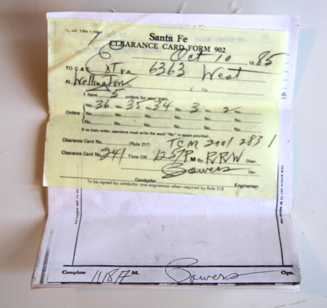 1985 AT&SF / Santa Fe Train Order, Wellington, Kansas, Extra 6363 West 1985 AT&SF / Santa Fe Train Order, Wellington, Kansas, Extra 6363 West